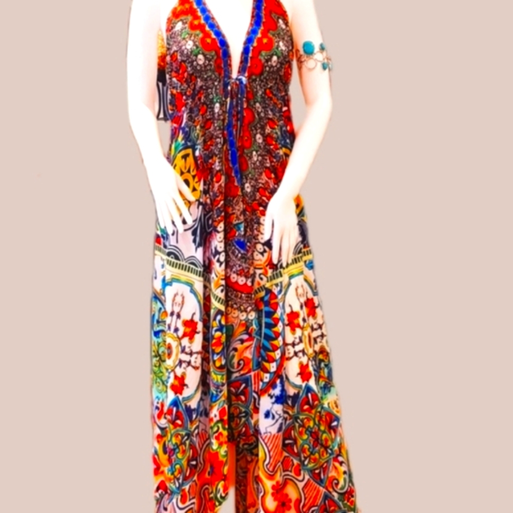 **LAST ONE**MANISH VAID Spanish Tiles Silk Emb. Prt. Hi-Lo Dress OS NWT